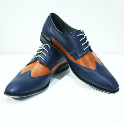 Oxford blue orange wing tip rounded toe handmade magnificiant leather men shoes - Thumbnail 3