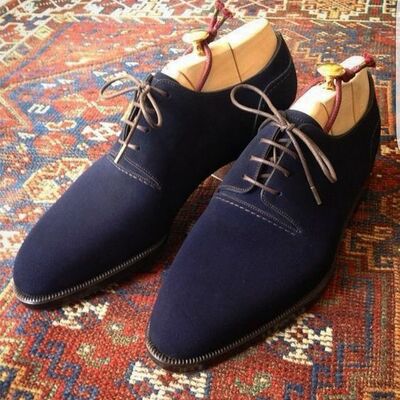 Oxford suede handmade leather navy blue color rounded toe party wear men shoes - Thumbnail 3