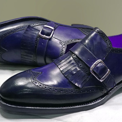 Handmade blue color monk single buckle strap stylish leather wing tip men shoes - Thumbnail 4