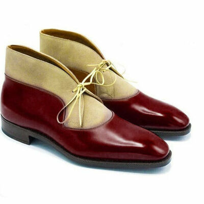 Rounded toe superior beige maroon two tone genuine leather men high ankle boots - Thumbnail 2
