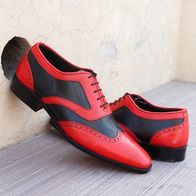 Crafted leather men's red black genuine leather wingtip lace up oxford dress shoes - Thumbnail 4