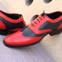 Crafted Leather Men's Red Black Genuine Leather Wingtip Lace up Oxford Dress Shoes - Thumbnail 1