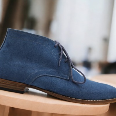 Men's handmade blue lace up suede ankle high boot, fashion boot - Thumbnail 1