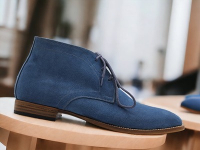 Men's Handmade Blue Lace Up Suede Ankle High Boot, Fashion Boot