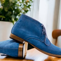 Handmade Men's Blue Suede Lace Up Ankle High Boot, Fashion Boot - Thumbnail 2