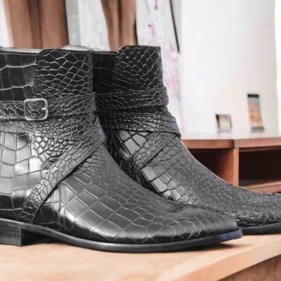 Handmade men's jodhpurs ankle high black alligator textured boot, luxury boot - Thumbnail 1
