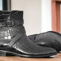 Handmade Men's Jodhpurs Ankle High Black Alligator Textured Boot, Luxury Boot - Thumbnail 1