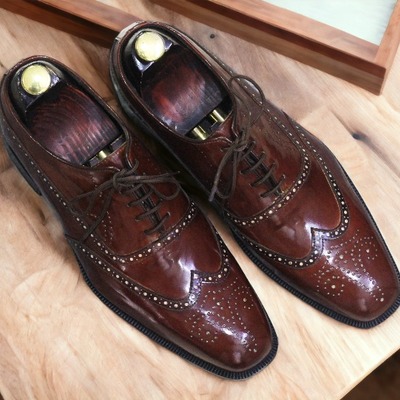 Bespoke men's chocolate brown wing tip brogue toe lace up shoes, dress shoes - Thumbnail 2