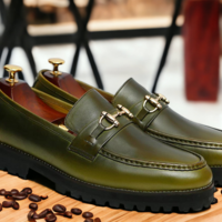 Handmade Men's Olive Green Chunky Sole Horse Bit Loafer Shoes , Slip On Moccasin Shoes - Thumbnail 1