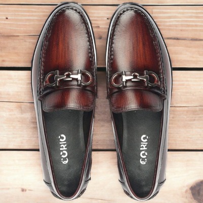 Handmade men's burgundy horse bit loafers shoes, slip on formal shoes