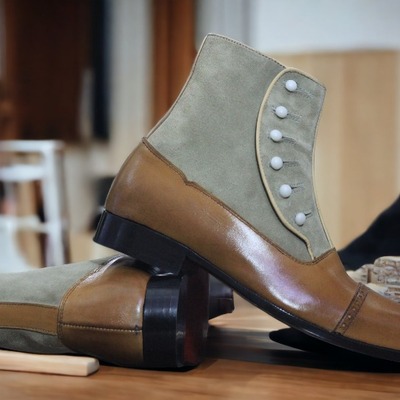 Handmade men's leather suede two tone button top cap toe  ankle high boots, designer boot 