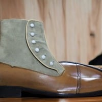 Handmade Men's Leather Suede Two Tone Button Top Cap Toe  Ankle High Boots, Designer Boot  - Thumbnail 2