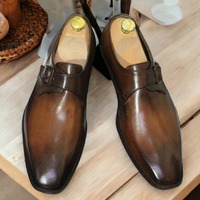  Men's Handpainted Brown Single Buckle Genuine Leather Loafer Shoes, Slip On Formal Shoes - Thumbnail 1