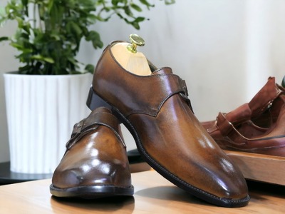  Men's Handpainted Brown Single Buckle Genuine Leather Loafer Shoes, Slip On Formal Shoes