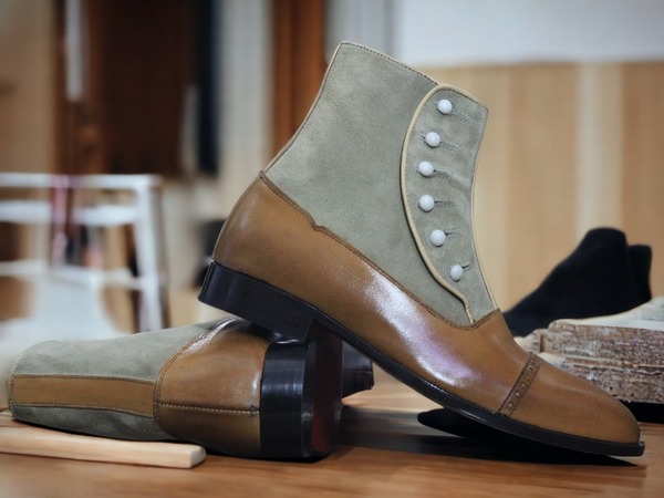 Handmade Men's Button Top Cap Toe Suede Two Tone Ankle High Boot, Luxury Boot