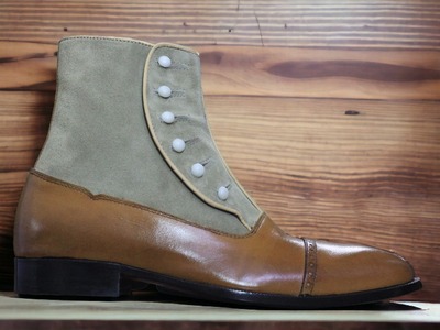 Handmade Men's Button Top Cap Toe Suede Two Tone Ankle High Boot, Luxury Boot