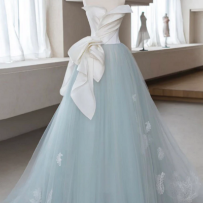 A line blue tulle lace applique long prom dress, blue long formal dress kpp1608