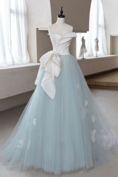 A Line Blue Tulle Lace Applique Long Prom Dress, Blue Long Formal Dress KPP1608
