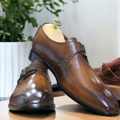 Bespoke men's single buckle brown leather loafers shoes, slip on moccasin shoes - Thumbnail 1