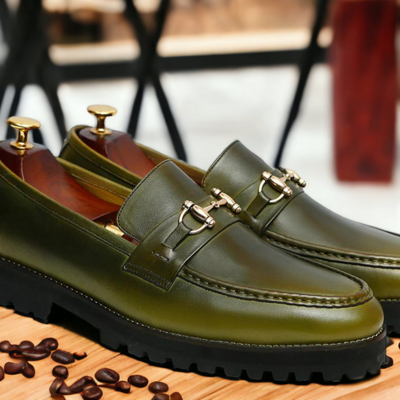 Handmade men's chunky sole olive green horse bit loafers shoes, slip on formal shoes - Thumbnail 1