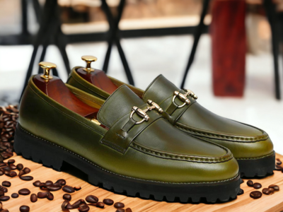Handmade Men's Chunky Sole Olive Green Horse Bit Loafers Shoes, Slip On Formal Shoes