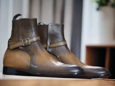 Men's Bespoke Two Tone Brown Jodhpurs Ankle High Boot, Designer Boot