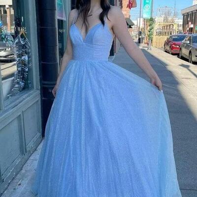 A-line spaghetti straps blue long prom dresses  - Thumbnail 3