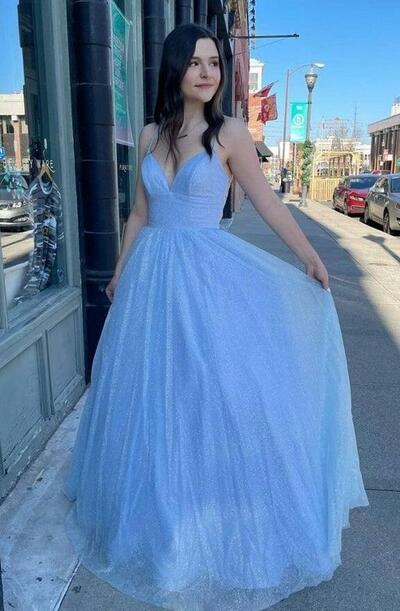 A-line Spaghetti Straps Blue Long Prom Dresses 