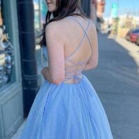A-line Spaghetti Straps Blue Long Prom Dresses  - Thumbnail 1