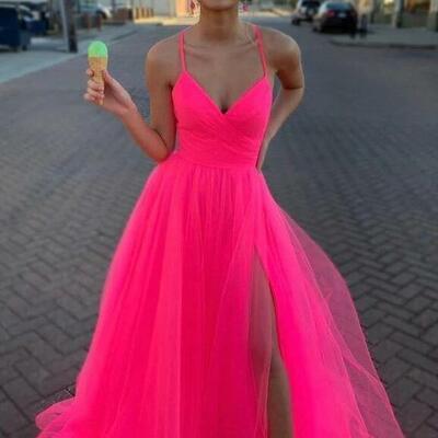 A line hot pink tulle v neck prom dresses - Thumbnail 5