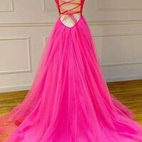 A Line Hot Pink Tulle V Neck Prom Dresses - Thumbnail 1