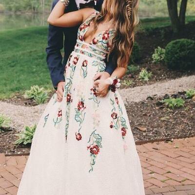 Floor length v neck ivory lace prom dresses printed evening dresses 
