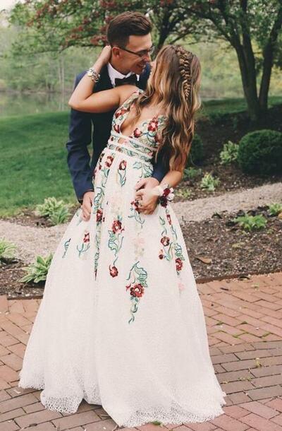 Floor Length V Neck Ivory Lace Prom Dresses Printed Evening Dresses 