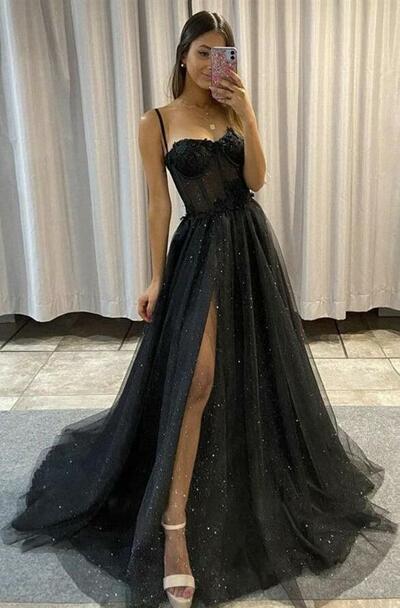 Sexy A-line Black Tulle Long Split Prom Dresses