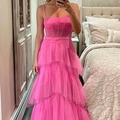 Princess hot pink tiered tulle long prom evening dresses