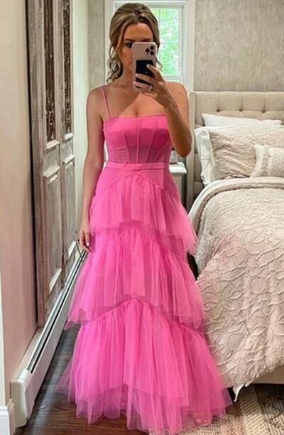 Princess Hot Pink Tiered Tulle Long Prom Evening Dresses