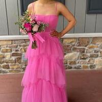 Princess Hot Pink Tiered Tulle Long Prom Evening Dresses - Thumbnail 1