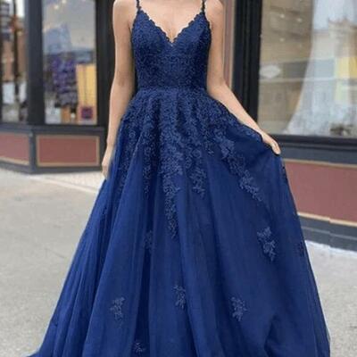 A-line straps navy blue tulle lace prom dresses