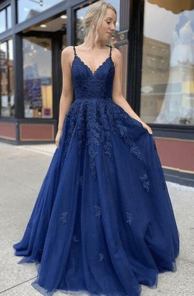 A-line Straps Navy Blue Tulle Lace Prom Dresses