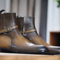 Men's Bespoke Jodhpurs Two Tone Brown Leather Ankle High Boot, Designer Boot - Thumbnail 2