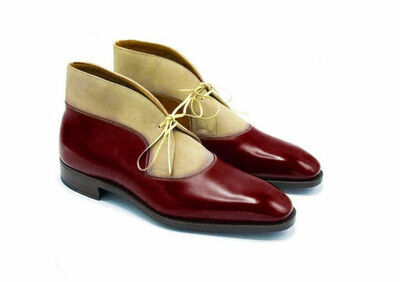Rounded Toe Superior Beige Maroon Two Tone Genuine Leather Men High Ankle Boots