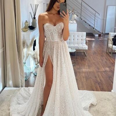Sparkly a line sweetheart sequins long wedding dresses,960