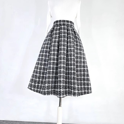 Winter white black houndstooth midi pleated skirt women woolen holiday party skirt outfit custom plus size pleated skirt