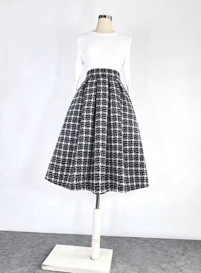 Winter White Black Houndstooth Midi Pleated Skirt Women Woolen Holiday Party Skirt Outfit Custom Plus Size Pleated Skirt