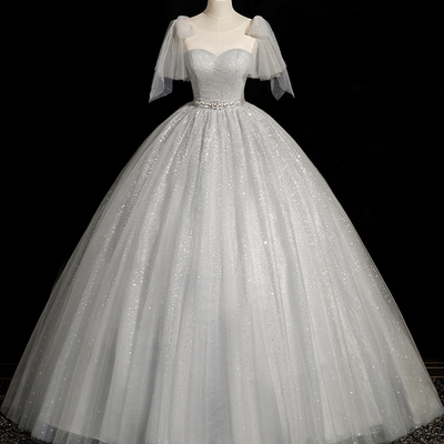 Gray tulle beade floor length prom dress - Thumbnail 1