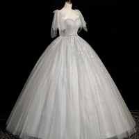 Gray Tulle Beade Floor Length Prom Dress - Thumbnail 1