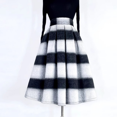 Winter striped midi pleated skirt women warm pleated holiday skirt outfit wool-blend party midi skirt plus size