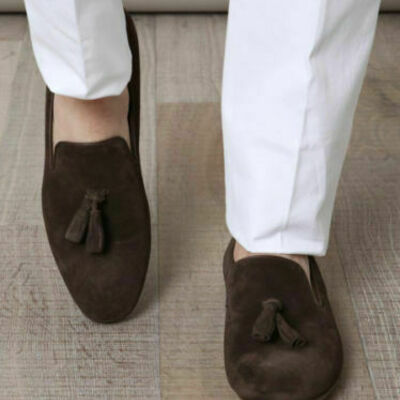 Men's brown tassel loafer slip on suede genuine leather derby toe formal shoes - Thumbnail 2