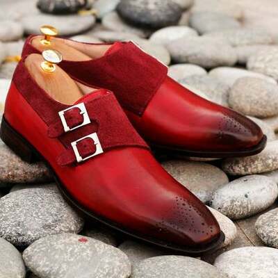 Handmade pure leather & suede burgundy color double monk strap brogue toe dress shoes - Thumbnail 5