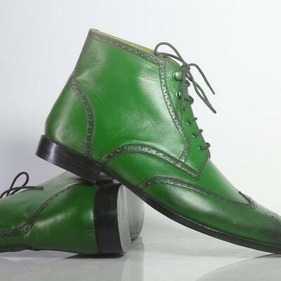 Handmade men's ankle high green leather wing tip brogue stylish lace up boots - Thumbnail 3